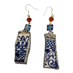 Silver Plated Blue Willow Broken China Earrings Inlaid Faceted Zircon